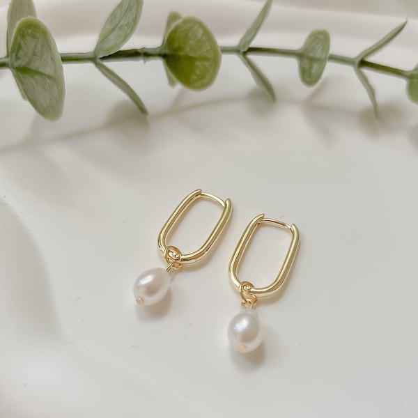 Leila | 2 in 1 Pearl Drop Earrings, 14k Gold Filled Hoop, Freshwater Pearls, Hypoallergenic, Bridesmaid Gift Bridal Earring Gift for Her