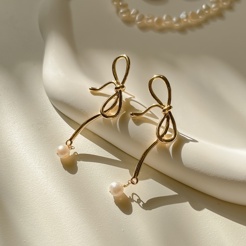 Bowe Golden Ribbon Elegance Pearl Drop Earrings, 14k Gold Filled Freshwater Mini Pearls, Bow Tie Knot Earrings, Bridesmaid Gift For Her image 4