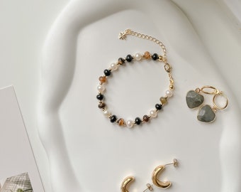 Freya | Gemstone & Pearl Beaded Bracelet, Tiger Eye Stone Bracelet, Obsidian Stone, Freshwater Pearls, Chic Aesthetics Necklace Gift for Her