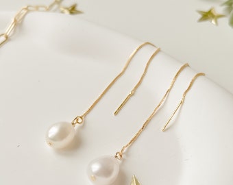 Anna | Genuine Pearl Threader Earrings, 14k Gold Filled Gold Vermeil Earrings, Dangle Pearl Minimalist Bridal Earrings, Bridesmaid Gift