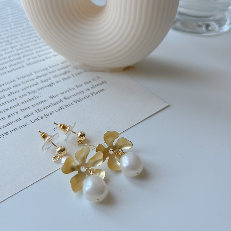 14K Gold Filled Floral Design Freshwater Pearl Dangle Earrings Dainty Minimalist Style Hypoallergenic Jewelry Bridesmaid Gift Bridal Earring image 4