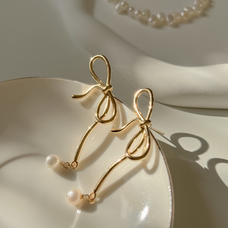 Bowe Golden Ribbon Elegance Pearl Drop Earrings, 14k Gold Filled Freshwater Mini Pearls, Bow Tie Knot Earrings, Bridesmaid Gift For Her image 2