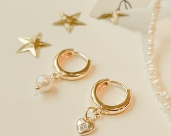 Aria | 18k Gold Filled Huggie Hoops Freshwater Pearl Heart Charm, 14k Gold Filled Hoop, Minimalist Tiny Gold Hoops Bridesmaid Gift For Her
