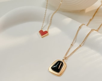 Black Tiger Eye Stone Vintage Necklace & Red Heart Gold Necklace, Chic Fashion Jewelry Layering Necklace Everyday Styling Necklace