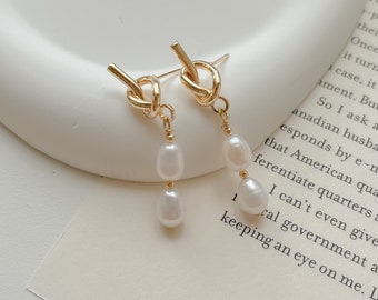 Lowie | Dainty Genuine Pearls Drop Earrings, 14k Gold Filled Mordern Knot Minimalist Earrings Natural Pearls Hypoallergenic Bridesmaid Gift