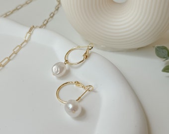 Jane | Huggies Hoop Freshwater Pearl Drop Earrings, 18k Gold Filled Gold Vermeil Hoop, Minimalist Classy Bridal Earrings Bridesmaid Gift