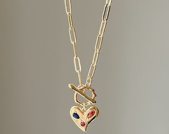 Haley | 14k Gold Filled Paperclip Necklace with Gemstone Golden Heart, Cubic Zirconia Pendant, Chic Heart Pendant Necklace, Toggle Clasp
