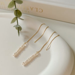 Teresa | Mini Pearls Threader Earrings, 14k Gold Filled Gold Vermeil Threader Tiny Freshwater Pearls, Dangle Bridal Earrings Bridesmaid Gift