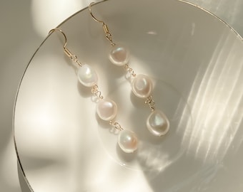 Melissa | Three Freshwater Pearls Dangle Earrings | 14k Gold Filled Genuine Pearls ELegant Earrings Bridesmaid Gift Wedding Bridal Earrings