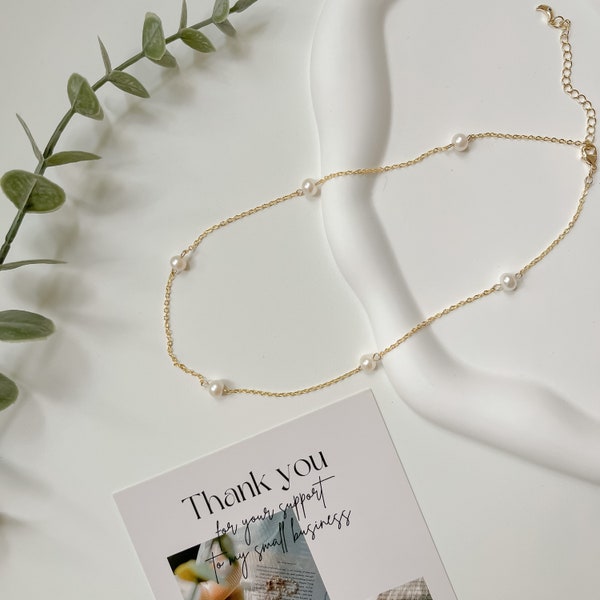 Aurora | Floating Pearl Necklace, 18k Gold-filled Chain Freshwater Pearls Minimalist Dainty Layering Choker Bridal Jewelry Bridesmaid Gift