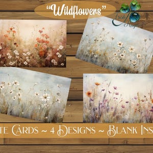 Könnte beinhalten: Vier Notizkarten mit Aquarellmalereien von Wildblumen. Die Karten zeigen verschiedene Blumendesigns in Weiß-, Orange- und Lilatönen vor einem weichen, neutralen Hintergrund. Der Text "Wildflowers" und "Note Cards ~ 4 Designs ~ Blank Inside" sind sichtbar.