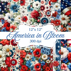Amerika Rot-Weiß-Blau-Blumen Patriotisches digitales Papier-Sammelalbum 4. Juli-Gedenktag