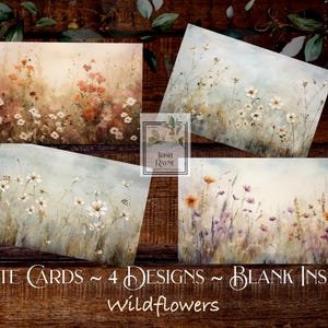 May include: Set of four blank note cards featuring watercolour paintings of wildflowers in various shades of white, pink, and orange. The cards are blank inside and perfect for writing notes or messages.
