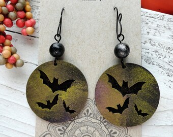 Halloween bat earrings, spooky earrings, scary earrings, black bat earrings, hand painted, handmade laser cut wood earrings, hand painted