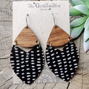 Black and White Minimalist Earrings, Split teardrop, wood and vinyl on cork earrings, neutral color earrings, gifts under 12, wood jewelry
