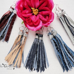 Denim tassel earrings, handmade fabric jean dangle earrings, denim fringe earrings, boho denim jewelry, distressed denim earrings, handmade image 1