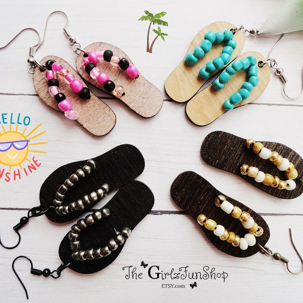 3D Flip flop earrings, wood Sandals, summer jewelry, wood Beaded earrings, lightweight earrings, gifts under 12, women flip flops