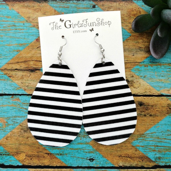 Black and white stripes Faux Leather like earrings, fabric teardrop earrings, black white earrings, teardrop earring, stripes trendy jewelry