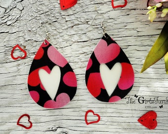 Valentine's Day Earrings, Valentine's jewelry, heart Earrings, love Earrings, hearts fabric earrings, dangle leaf earrings