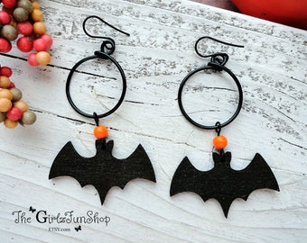 Halloween bat earrings, spooky earrings, scary earrings, black bat earrings, hand painted, handmade laser cut wood earrings, hand painted