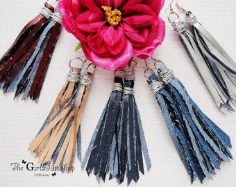 Denim tassel earrings, handmade fabric jean dangle earrings, denim fringe earrings, boho denim jewelry, distressed denim earrings, handmade