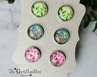 12 mm Glass cabochon Studs, printed graphic round Studs, stainless steel bezel, gifts under 15, colorful glass studs, small earrings