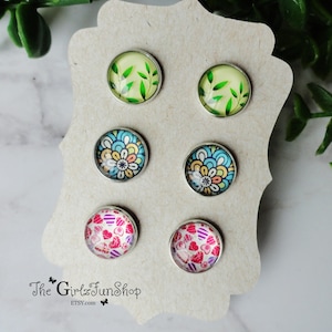12 mm Glass cabochon Studs, printed graphic round Studs, stainless steel bezel, gifts under 15, colorful glass studs, small earrings