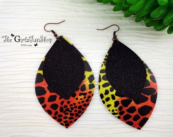 Colorful cheetah double layered earrings, black glitter petal leaf earrings, glitter earrings, stacked earrings, faux leather earrings