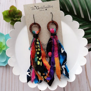 Multicolor Batik ribbon tassel earrings, fabric dangle earrings, batik tassel, gipsy jewelry, boho earrings, ribbon earrings, 5 inches long