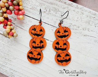 Halloween stacked pumpkin earrings, spooky earrings, scary earrings, jack lantern earrings, hand painted, handmade laser cut wood earrings