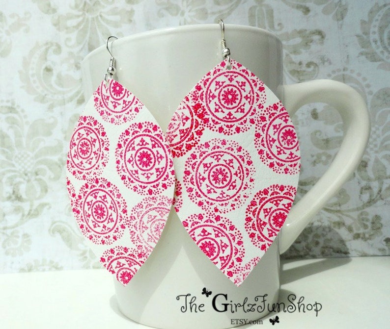 dangle and drop mandala earrings leaf earrings boho and chic leather teardrop earrings hand painted White Faux Leather petal earrings