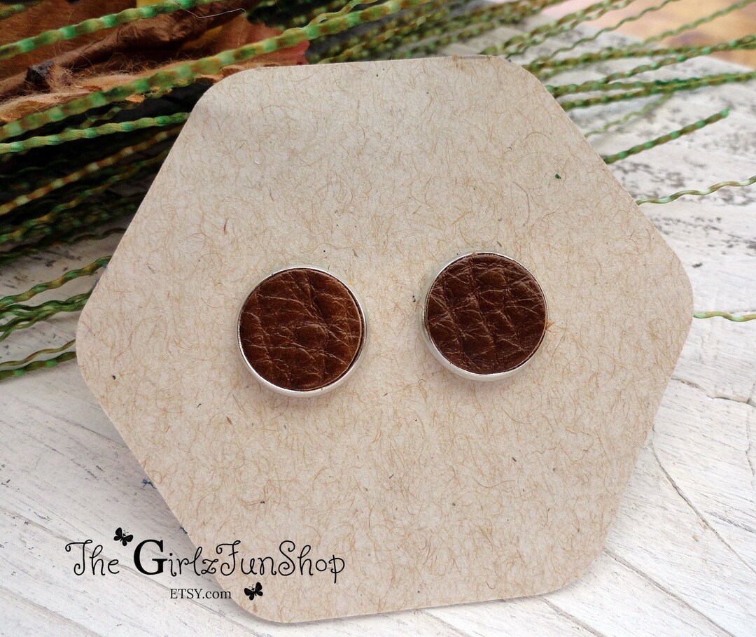 Brown Leather Stud Earrings Genuine Leather Earrings Trendy Earring Simple Style Jewelry Stainless Steel Gifts Under 10 12mm Studs Etsy