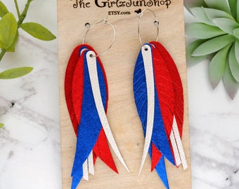 4th of July layered feather earrings, Red white and blue fringe feathers, USA earrings, summer earring, gifts for her, USA fringe earrings