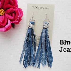Denim tassel earrings, handmade fabric jean dangle earrings, denim fringe earrings, boho denim jewelry, distressed denim earrings, handmade Blue Jean