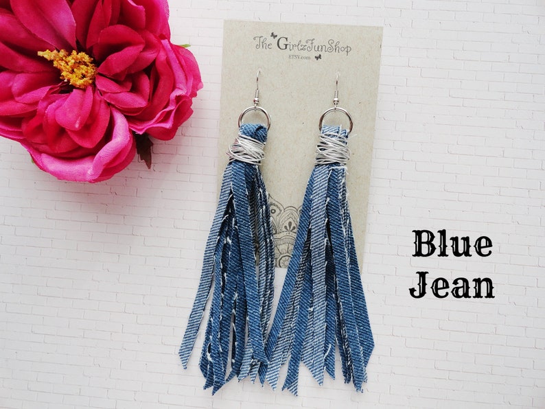 Denim tassel earrings, handmade fabric jean dangle earrings, denim fringe earrings, boho denim jewelry, distressed denim earrings, handmade Blue Jean