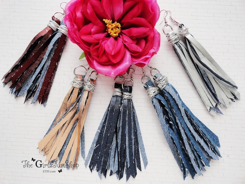 Denim tassel earrings, handmade fabric jean dangle earrings, denim fringe earrings, boho denim jewelry, distressed denim earrings, handmade image 1