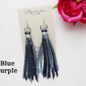 Denim tassel earrings, handmade fabric jean dangle earrings, denim fringe earrings, boho denim jewelry, distressed denim earrings, handmade Blue Purple Jean