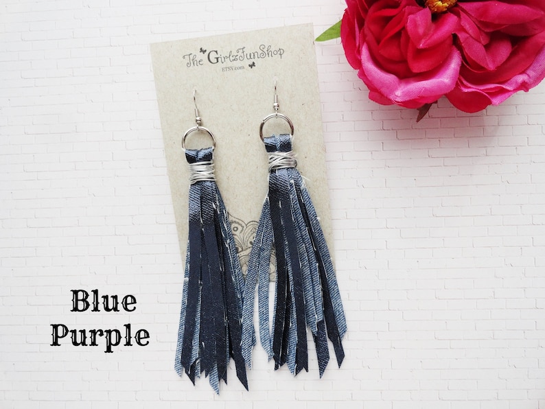 Denim tassel earrings, handmade fabric jean dangle earrings, denim fringe earrings, boho denim jewelry, distressed denim earrings, handmade Blue Purple Jean