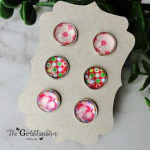 12 mm Glass cabochon Studs, printed graphic round Studs, stainless steel bezel, gifts under 15, colorful glass studs, small earrings