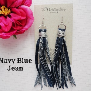 Denim tassel earrings, handmade fabric jean dangle earrings, denim fringe earrings, boho denim jewelry, distressed denim earrings, handmade Navy Blue Jean