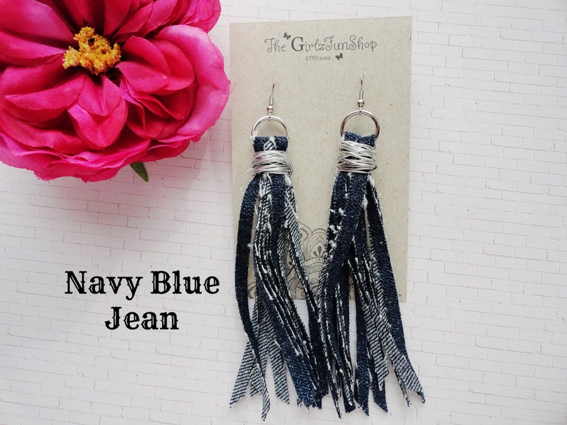 Denim tassel earrings, handmade fabric jean dangle earrings, denim fringe earrings, boho denim jewelry, distressed denim earrings, handmade Navy Blue Jean