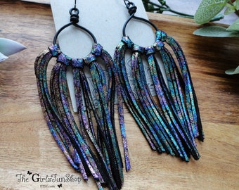 Oil spill vintage leather fringe earrings, wire hoops, iridescent genuine leather, boho jewelry, cowgirl earring, long fringe earrings