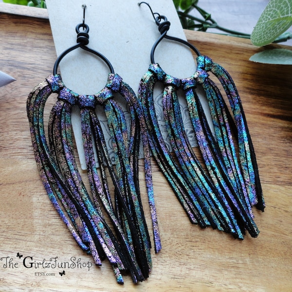 Oil spill vintage leather fringe earrings, wire hoops, iridescent genuine leather, boho jewelry, cowgirl earring, long fringe earrings