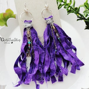 Purple Batik ribbon tassel earrings, handmade fabric dangle earrings, boho tassel, gipsy jewelry, boho earrings, ribbon earrings,