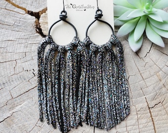 Black Sparkle Leather fringe earrings, handmade wire hoops, genuine leather earrings, boho jewelry, cowgirl earring, long fringe earrings,