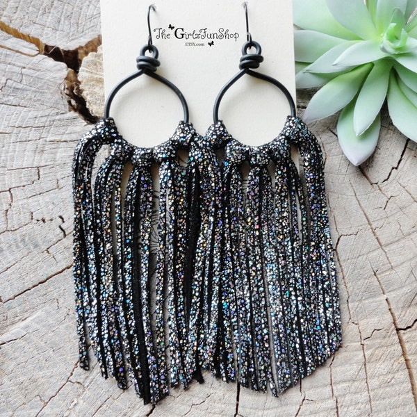 Black Sparkle Leather fringe earrings, handmade wire hoops, genuine leather earrings, boho jewelry, cowgirl earring, long fringe earrings,