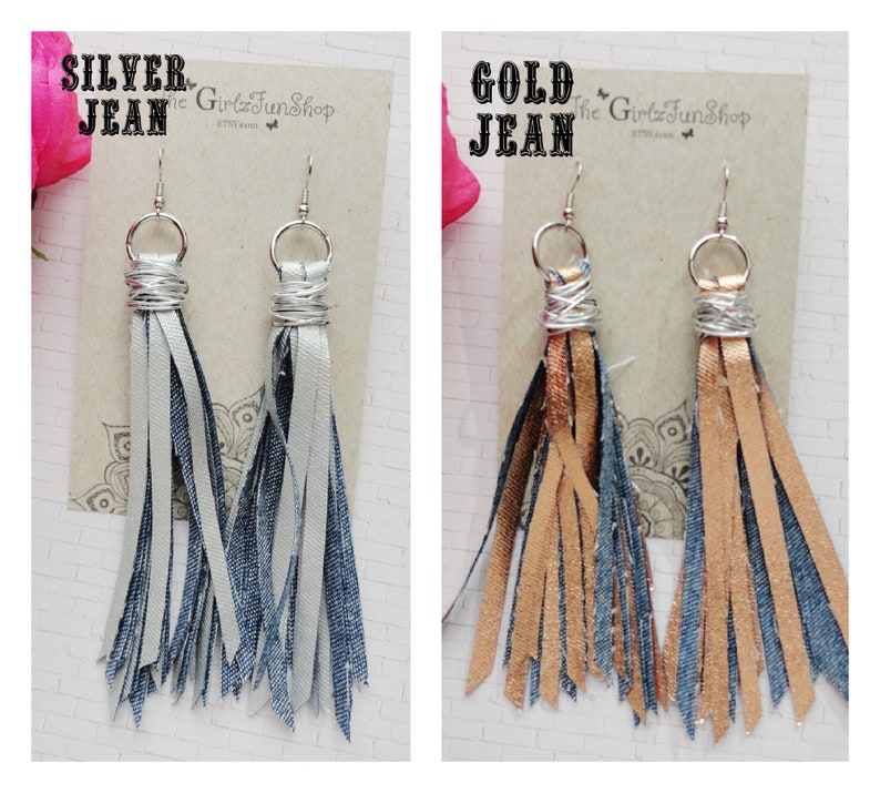 Denim tassel earrings, handmade fabric jean dangle earrings, denim fringe earrings, boho denim jewelry, distressed denim earrings, handmade image 5