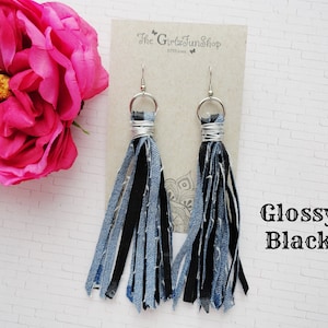 Denim tassel earrings, handmade fabric jean dangle earrings, denim fringe earrings, boho denim jewelry, distressed denim earrings, handmade Glossy Black Jean