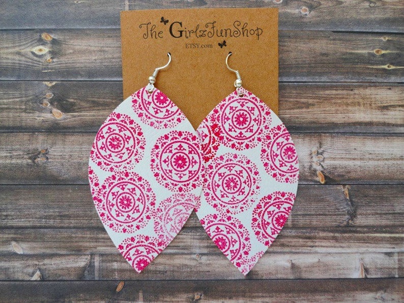 dangle and drop mandala earrings leaf earrings boho and chic leather teardrop earrings hand painted White Faux Leather petal earrings