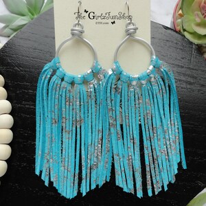 Turquoise silver Metallic Leather fringe earrings, handmade wire hoops, genuine leather earrings, boho jewelry, long fringe earrings, boho